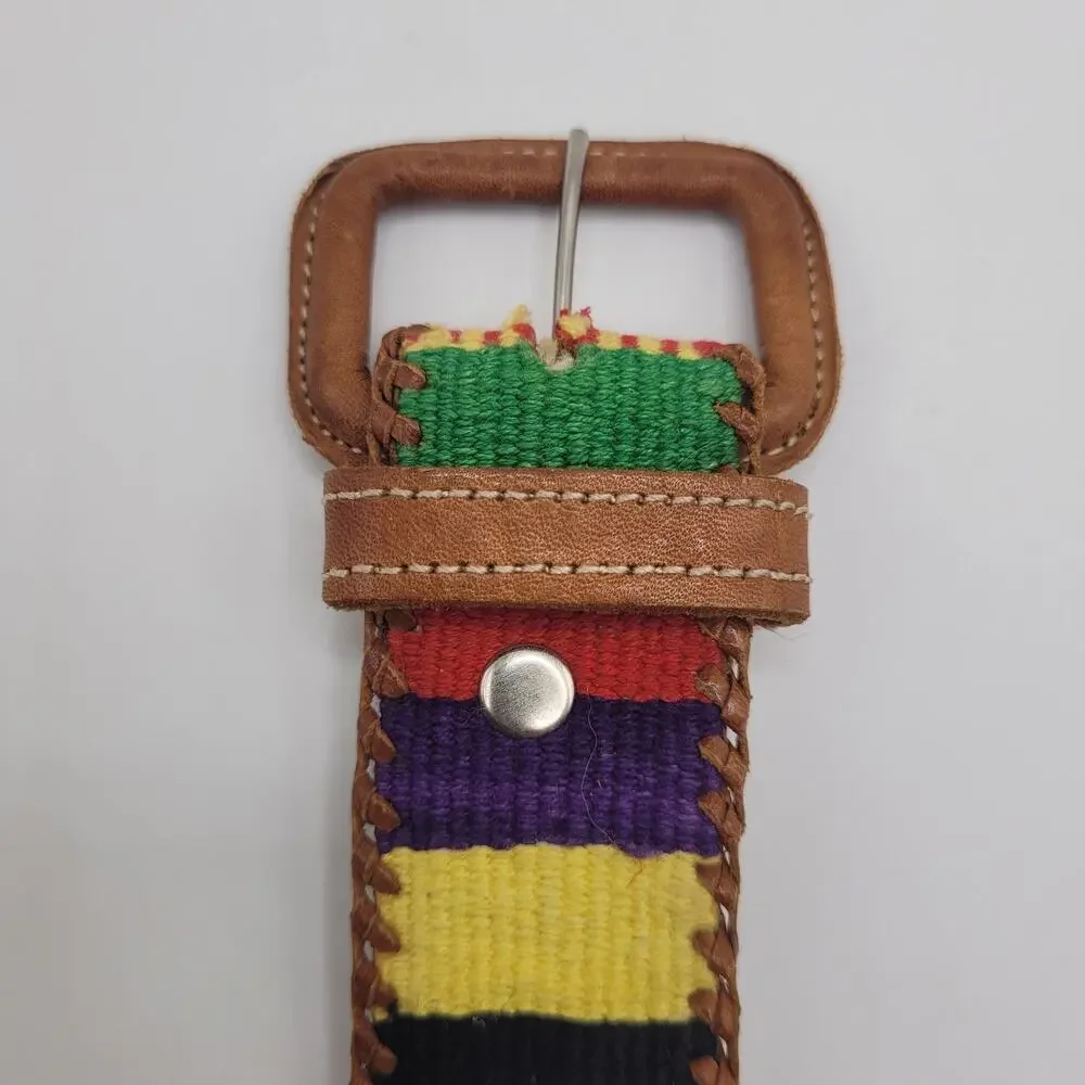 Brown Leather Belt Med Braided Woven Multicolor Stripe Artisan Ethnic Whipstitch